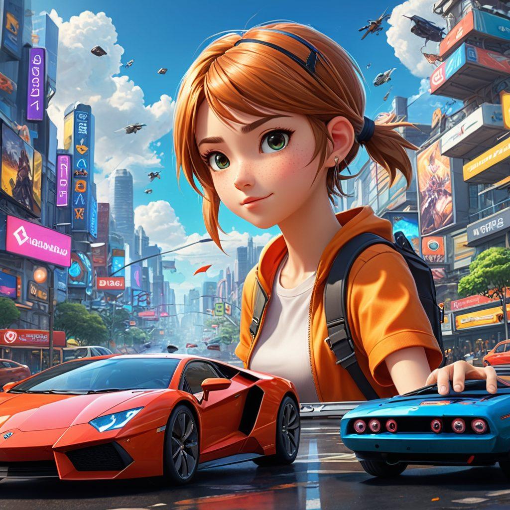 A dynamic scene featuring a gamer and an anime character strategizing over a game console, surrounded by vibrant auto insurance icons like shields and cars. The background displays game landscapes intermingled with anime elements, creating a fusion of worlds. Bright colors pop, emphasizing excitement and adventure. super-realistic. vibrant colors. 3D.